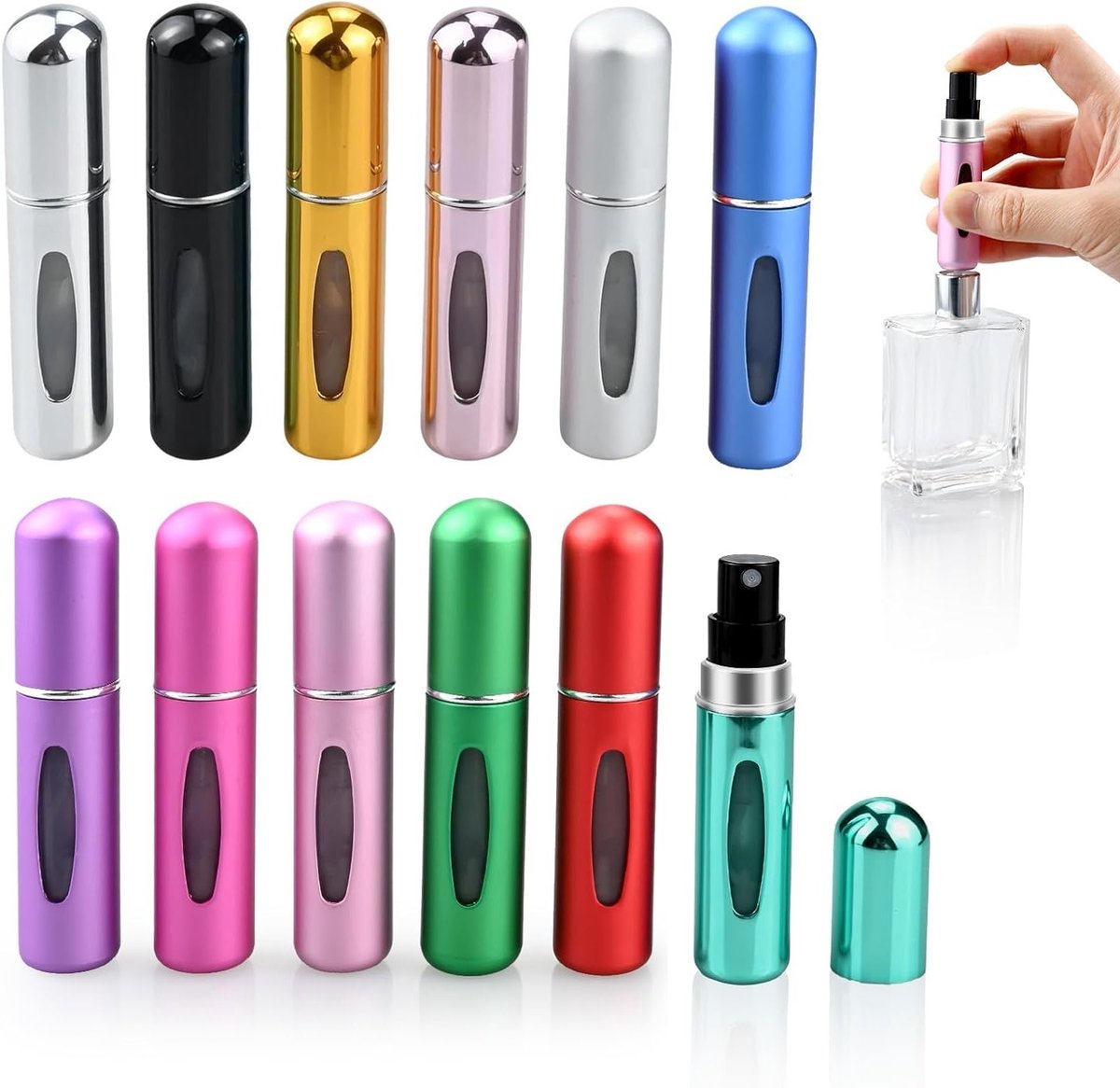 Set van 12 hervulbare parfumatomizers van 5 ml voor reizen, vakantie, kamperen en zakelijk gebruik in 12 kleuren