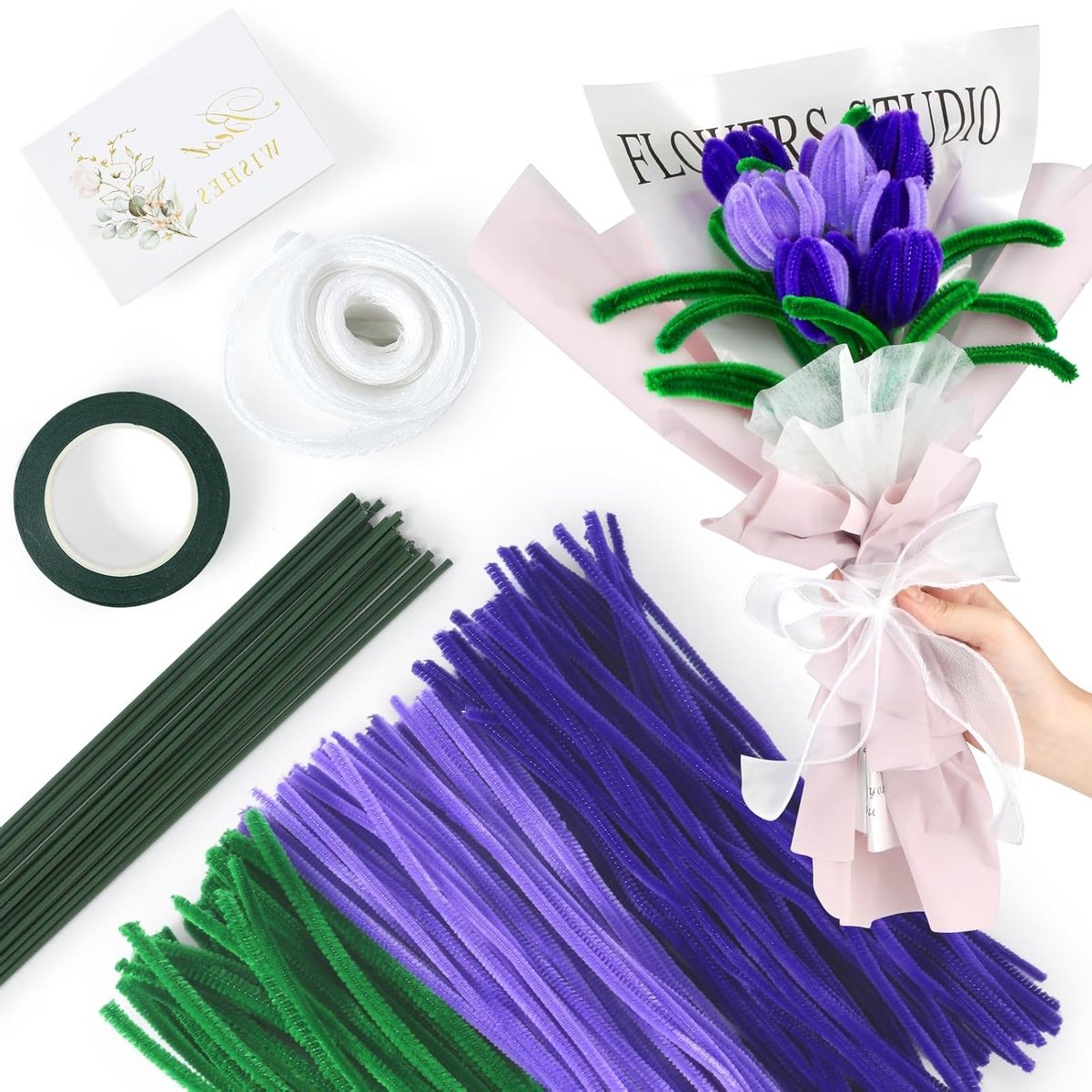 300 Stuks Pijpenragers in 3 Kleuren voor Creatieve Knutselprojecten met Bloemen, Kaarten en Versieringen voor Tulpen en Lavendelboeketten