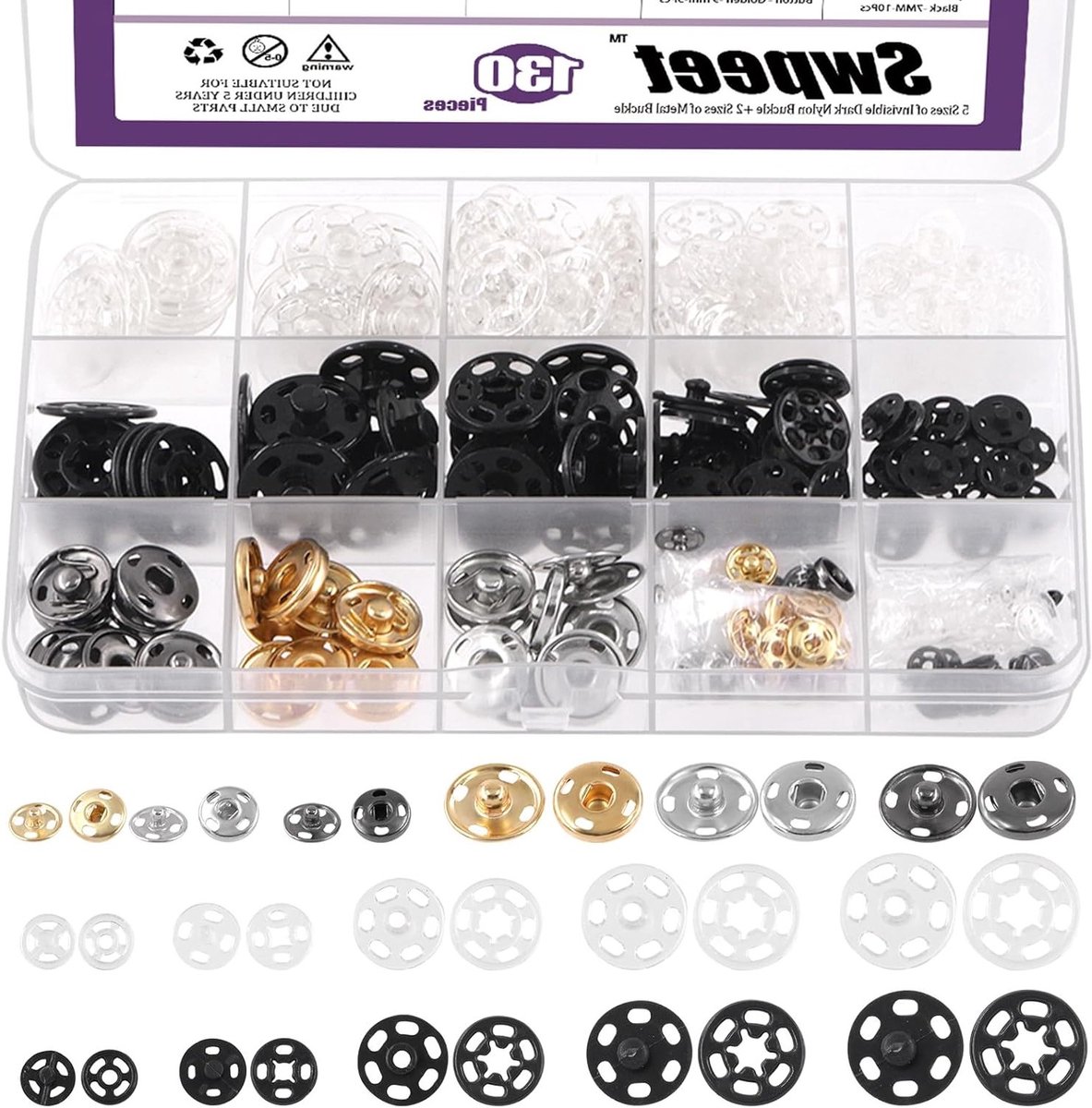 Verstevig je kleding met onzichtbare drukknopen - 130 sets plastic en metalen snap buttons van 7mm tot 20mm voor naai-projecten en kledingherstellingen
