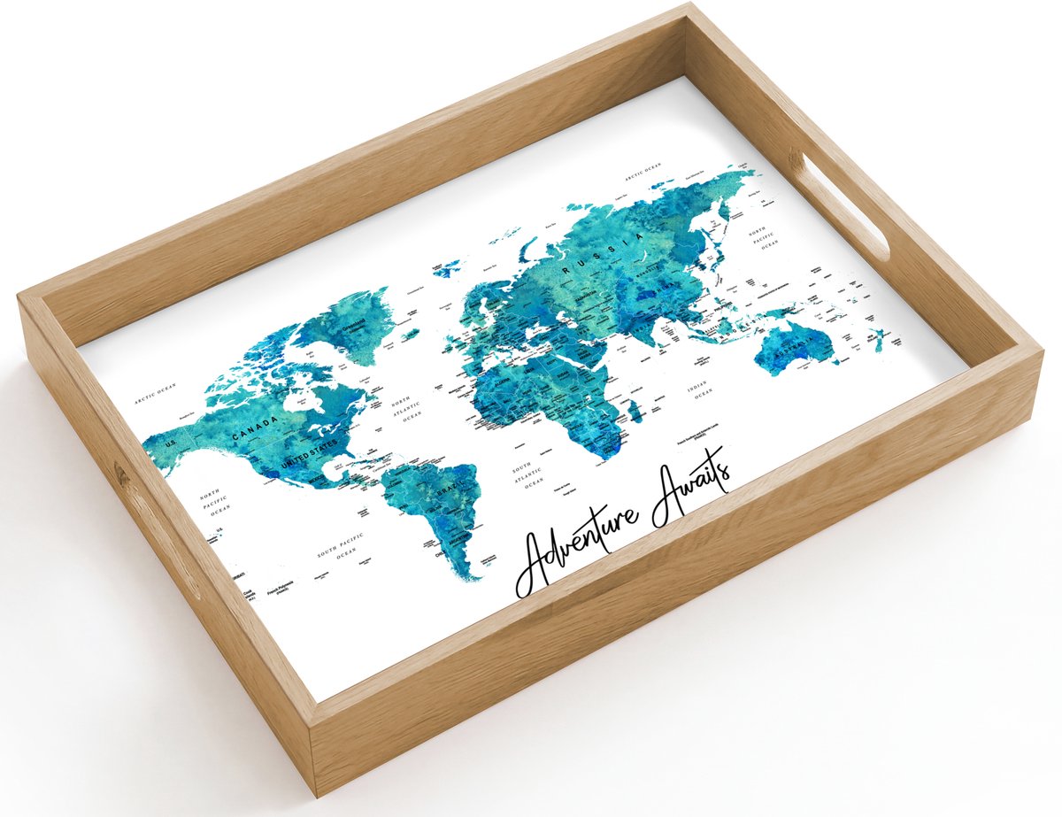 Dienblad hout 40x30 cm - Schootdienblad - Wereldkaart - Blauw - Kleurrijk - Borrelplank rechthoek - Plateau dienbladen
