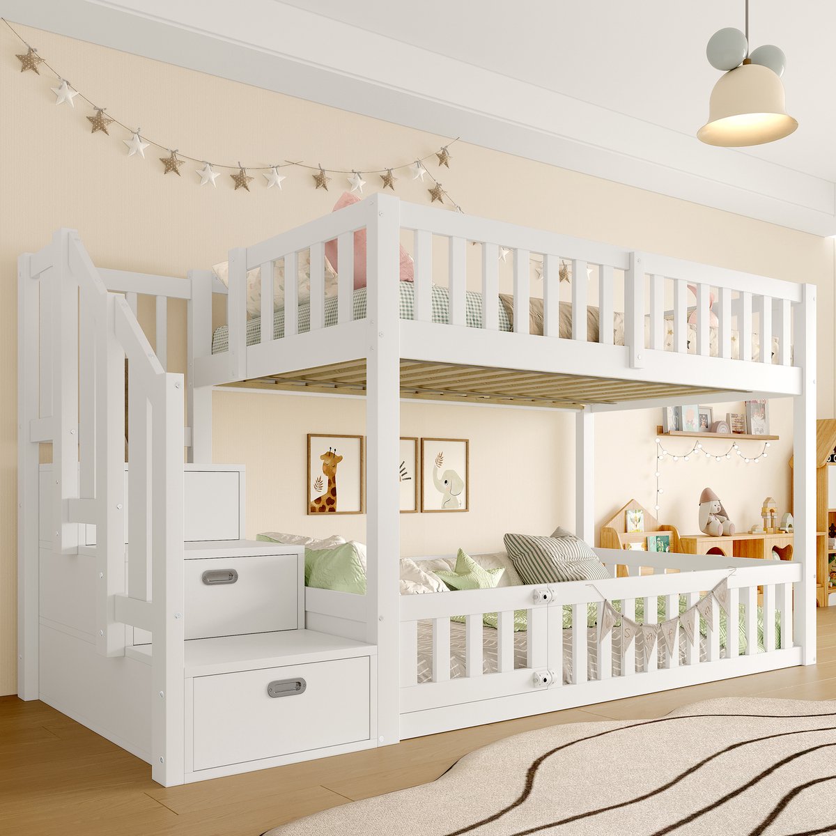 MODFU Stapelbed – Lage Constructie – 90x200 cm – Ladder met Opbergruimte – Grenenhout – Wit
