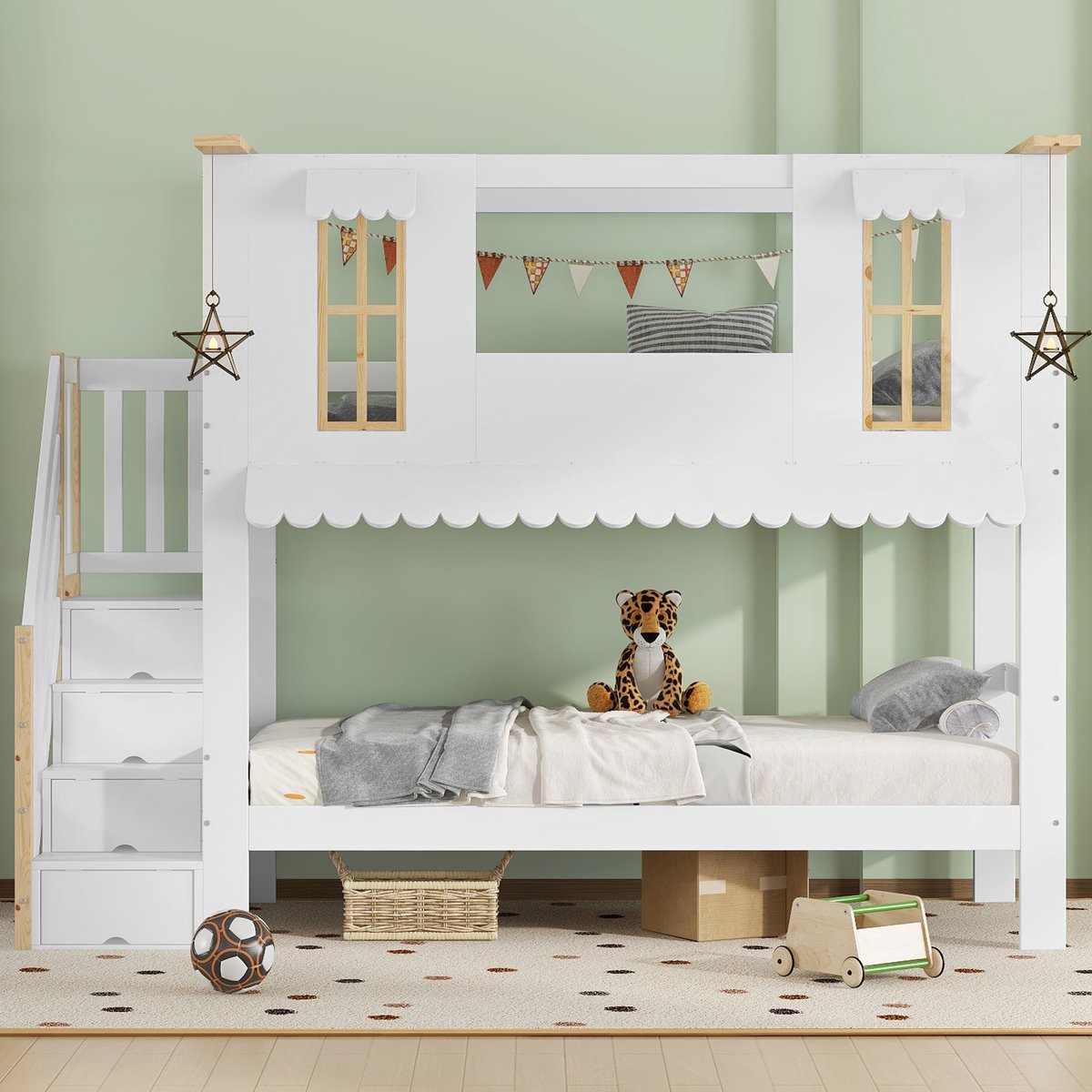 MODFU Stapelbed met Opbergtrap & Raamdetails – 90x200 cm – Huisvormig – Voor Kinderkamer – Grenenhout en MDF – Wit & Naturel Wit+Natuurlijk