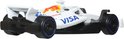 Witte F1 raceauto met blauwe accenten en 'Visa' en Red Bull logo's.