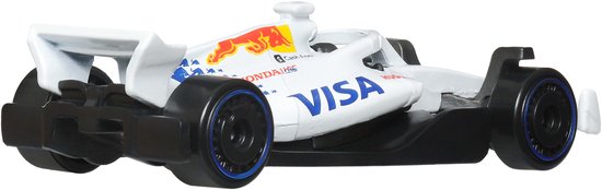 Witte F1 raceauto met blauwe accenten en 'Visa' en Red Bull logo's.