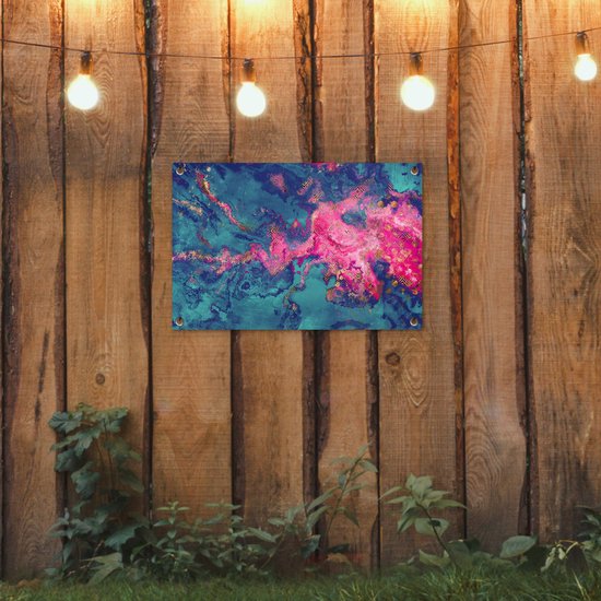 Tuinposter 60x40 cm - Tuindecoratie Marmer - Verf - Roze - Blauw - Poster voor in de tuin - Buiten decoratie - Schutting tuinschilderij - Tuindoek muurdecoratie - Wanddecoratie balkondoek