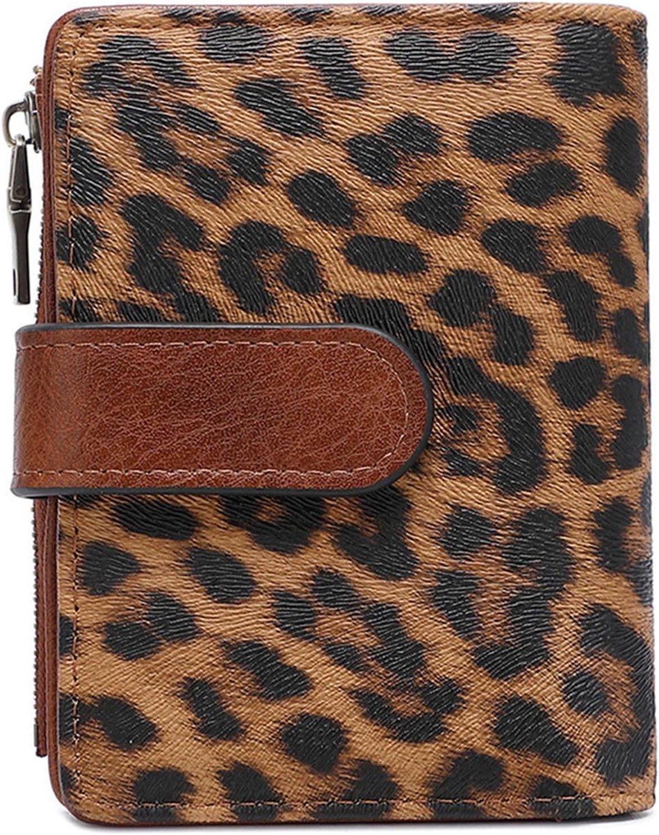 Kleine damesportemonnee van PU-leer met RFID-blokkering, 17 kaartvakken en ritssluiting voor munten, trendy luipaardmotief en compact ontwerp