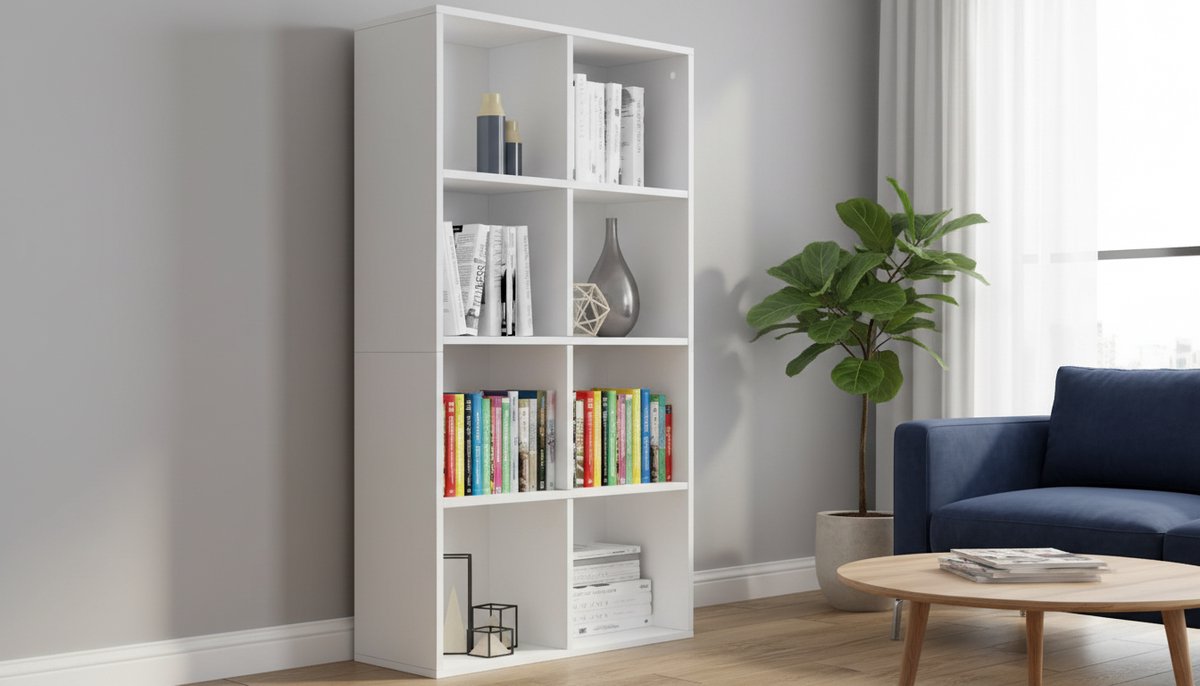 Boekenkast -Boekenkast / Sideboard 130 cm Hoog Wit – Multifunctioneel Open Staand Opbergrek met 8 Vakken – Houten Kast voor Woonkamer, Kantoor & Slaapkamer – ABTKantoor