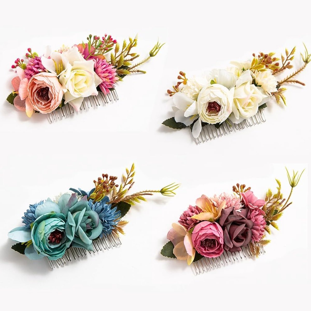 Elegante Haaraccessoires voor Bruiden - 4 Stuks Metaal met Kunstbloemen, Haarclips en Kammetjes voor een Prachtige Bruidslook