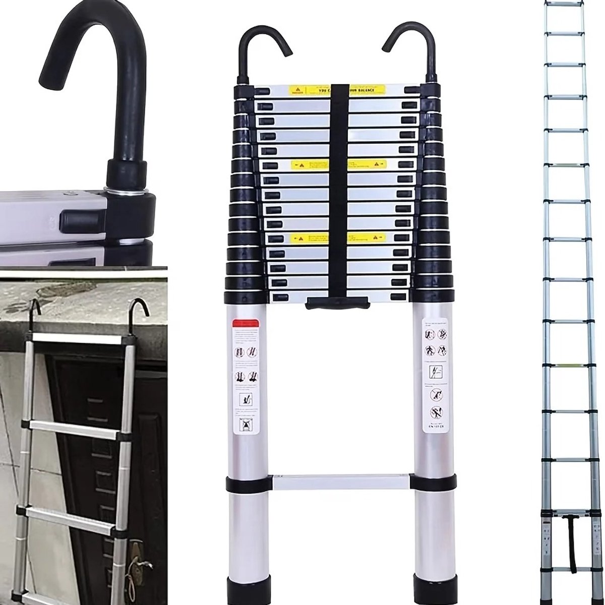 RosaBloom ladder - Telescopische ladder - Schuifladder - Met afneembare haken - 150kg draagvermogen - 5,1 meter - Roestvrij staal