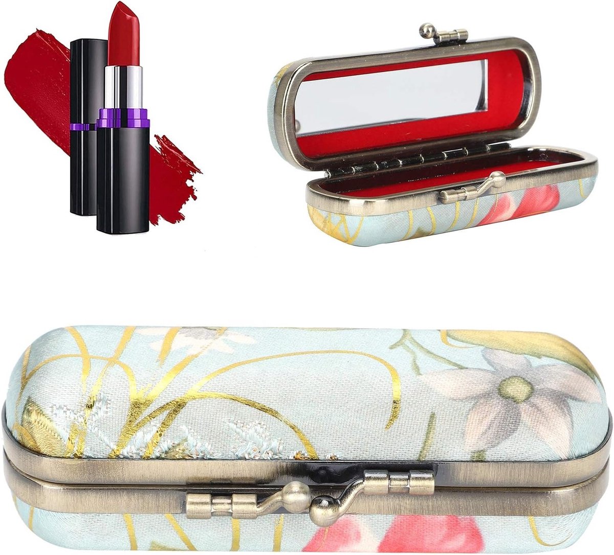 Bloemen Lippenstift Etui met Spiegel - Draagbare Vintage Borduurmake-up Houder - Cosmetica Cadeau Box voor Vrouwen en Meisjes