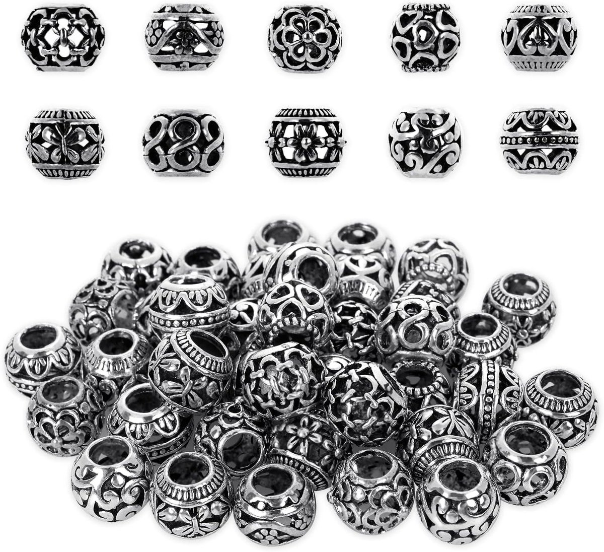 60 Stuks Tibetaanse Antieke Zilverkleurige Metaal Kralen voor DIY Sieraden, Armbanden, Kettingen en Oorbellen Maakprojecten