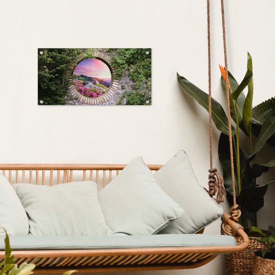 Affiche de jardin - Vue - Montagnes - Pierres - Coucher de soleil - Fleurs - 60x30 cm - Décoration de clôture - Peinture de jardin - Toile de jardin