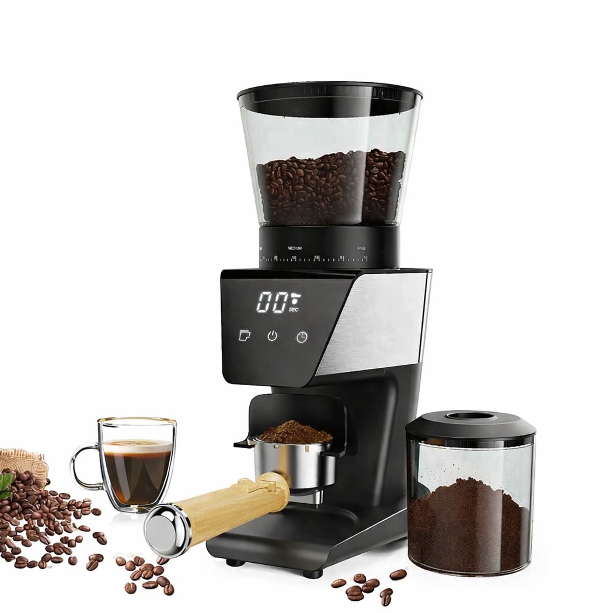 Sello! koffiemolen – koffiebonen – koffie – elektrisch – 30 maalinstellingen – timerfunctie – 300gr bonenreservoir – roestvrijstaal – zwart