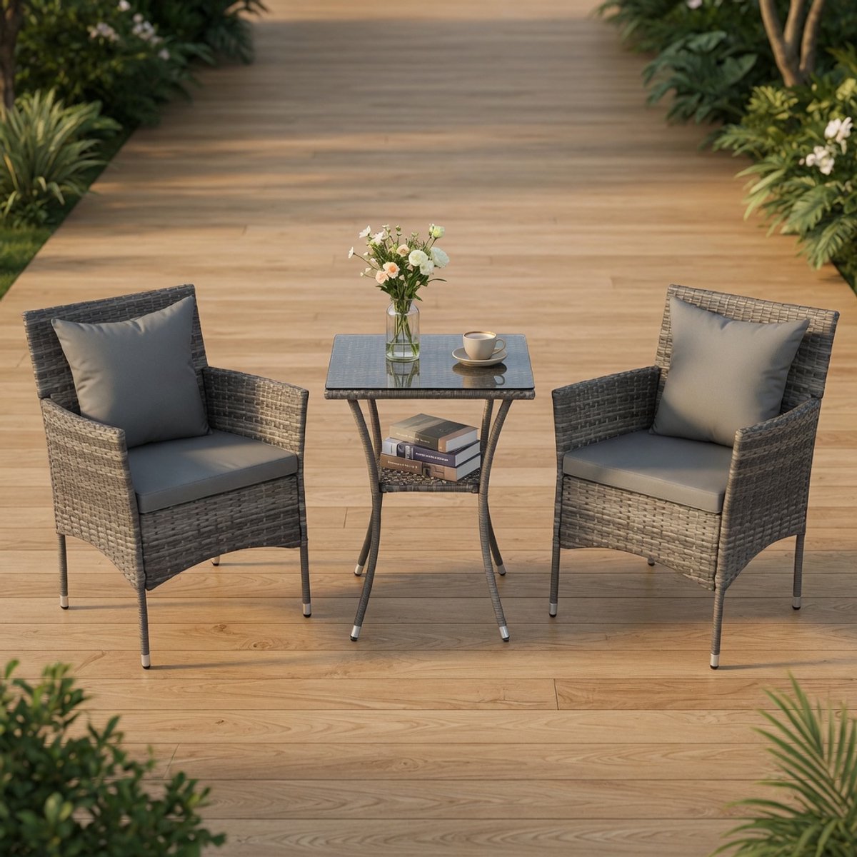 Luxe Rotan Balkonset 3-delig met Kussens & Glazen Tafel – Moderne Tuinloungeset voor 2 Personen – Weerbestendig, Comfortabel & Compact voor Balkon, Tuin, Terras en Veranda (Mix Grijs) | Mobili Bella