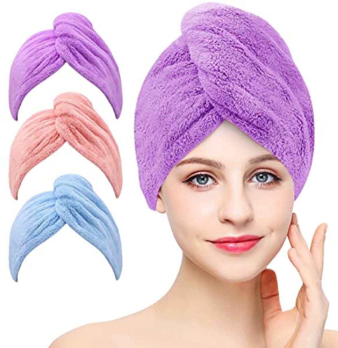 PromoHome 3-pack microvezel haardrooghanddoeken - Superabsorberende twist-tulbanden met knopen en lus - Sneldrogende haarkappen voor badkamer en kapsalon (Blauw, Roze, Paars)