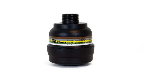 Zwarte Climax gasmaskerfilter 725 ABEK2P3 R D, met schroefdraad en groen/bruin/wit label.