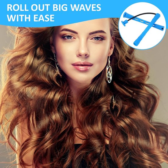 Vrouw met lang golvend bruin haar. 'Roll out big waves with ease'. Inzet: blauwe haarroller.