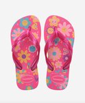 Paire de tongs Havaianas roses avec imprimé floral et d'abeilles, brides brillantes.