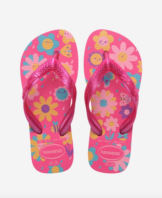 Paire de tongs Havaianas roses avec imprimé floral et d'abeilles, brides brillantes.