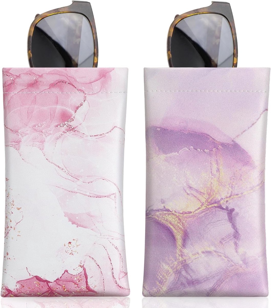 Draagbare en zachte zonnebrilhoes (2-pack) met antikras en schoonmaakdoek, lichtpaars en lichtroze marmerdesign voor dames en heren