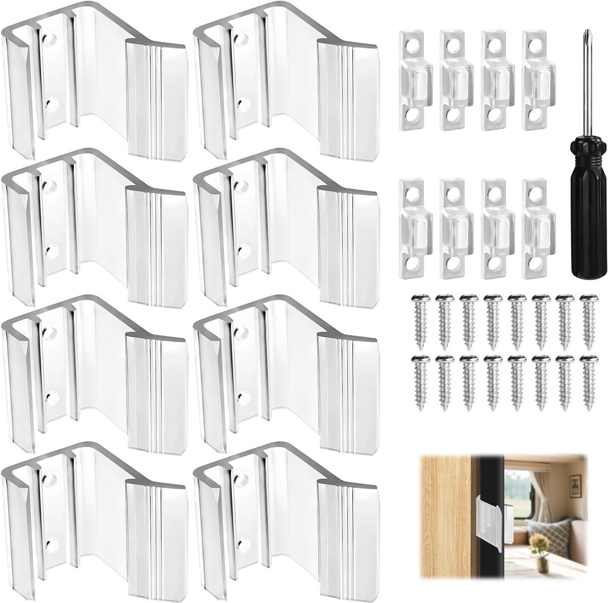 8-delige RV schuifdeurvergrendelingsset van PVC, universele vergrendeling voor schuifdeuren, ideaal voor reizen en kamperen, transparant en praktisch accessoire