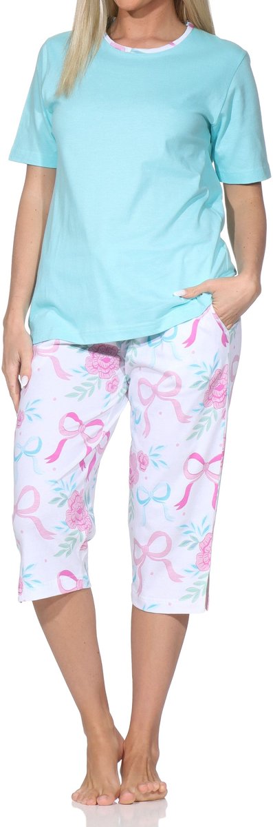 Normann dames capri shortama met korte mouwen – romantisch strik- & rozen-design