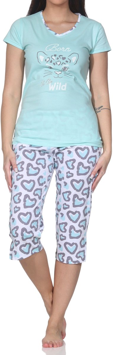 Normann dames capri pyjama korte mouw pyjama met dierenprintmotief – ook in grote maten türkis