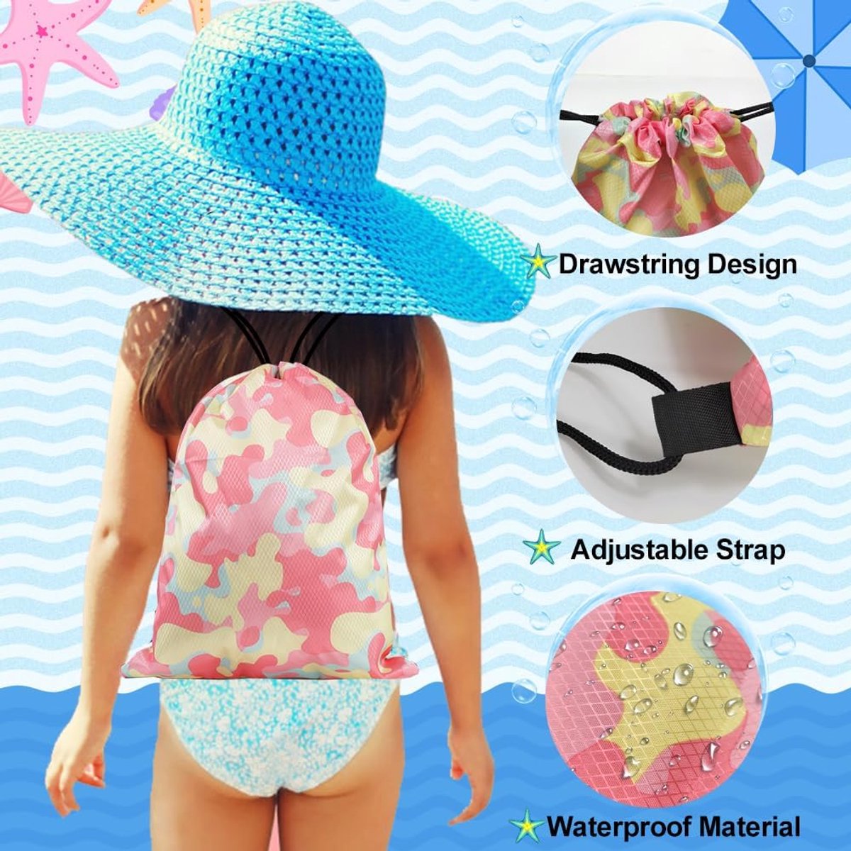 zwemzak - turnzak - Girls and Boys Swim Bag - Waterproof Swim Bag - Children's Swim Bag - Girls Drawstring Bag - Wet and Dry Separation - Beach Backpack - Sports Gym - PE - Children's Beach Bag (Pink - 32*38) — afbeelding 3