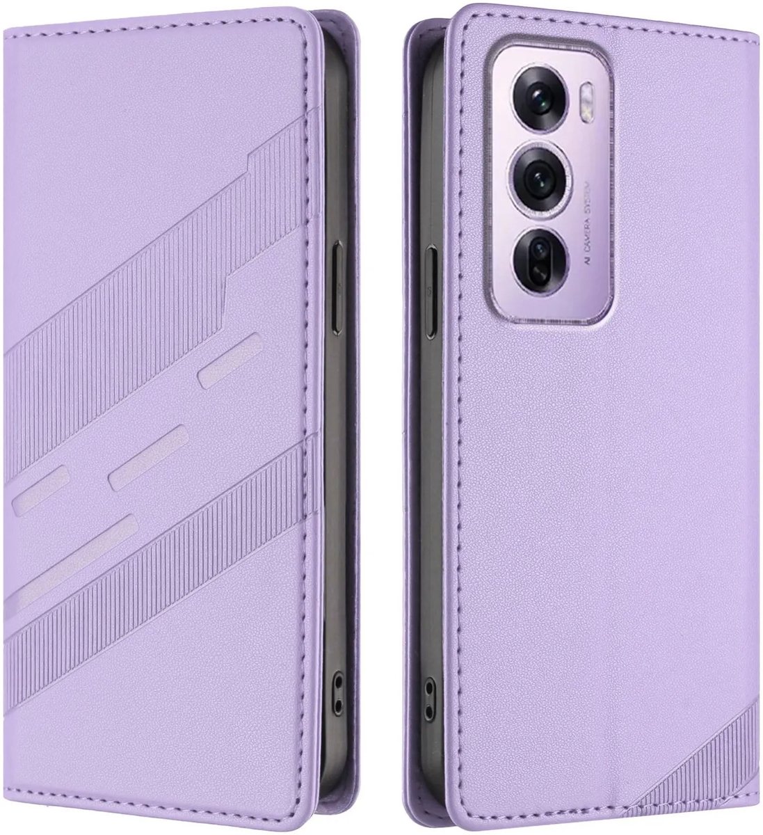 Hoesje geschikt voor Oppo Reno12 Pro - Phonesta Embossed Lines Book Wallet Case - Paars