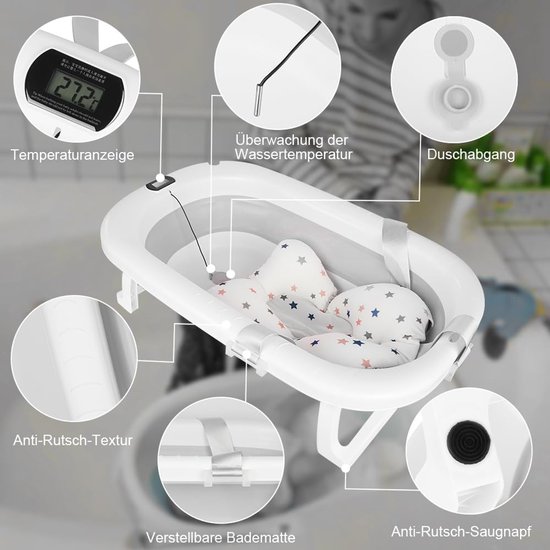 Opvouwbaar Babybad - Babybadje XXL - Veilig Baden - Met Temperatuurmeter - 80x50x23cm - Grijs — afbeelding 5