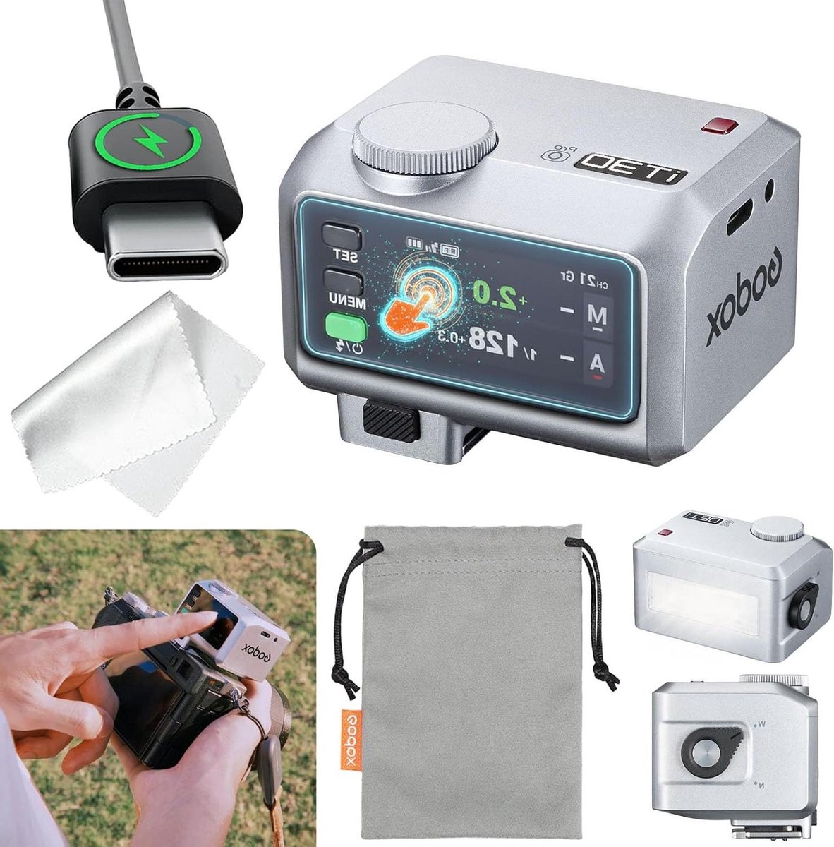 Mini Camera Flitser - Compacte Flitser - Portret Fotografie - Touchscreen Bediening - 6.6cm Breed - Zilver