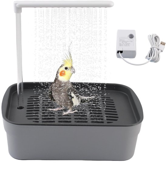 Bain pour perroquets - Bain automatique pour oiseaux - Bain électrique pour perroquets avec pompe et fontaine à eau - Prise USB incluse - Convient aux calopsittes, inséparables, conures et perruches (gris)