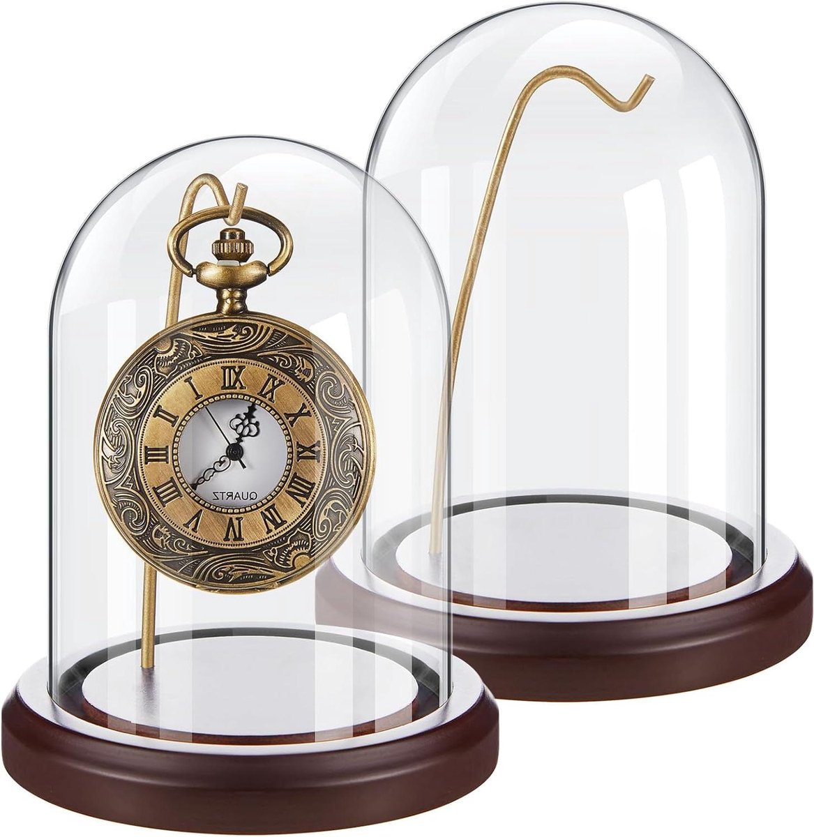 Glazen Display Koepels - Decoratieve Stolpen - Verzamelingen Tonen - Set van Twee Stuks - 8x12cm Dome - Natuurlijk Hout