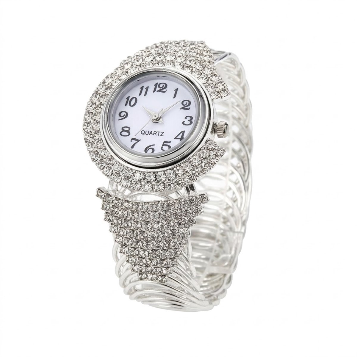 Zilverkleurig analoog horloge dames - rond uurwerk met glanzende kristal accenten - elastische polsband met diamantlook details - quartz horloge