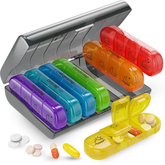 Gandria Pilulier 7 Jours - Pilulier Amovible - Boîte à Médicaments avec 28 Compartiments - Boîte à Médicaments avec Fermeture Robuste - 4 Compartiments par Jour - 7 Couleurs