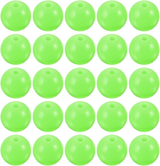Een raster van 25 heldere, lichtgroene, ronde viskralen.