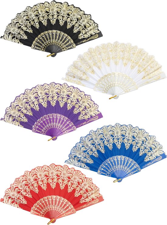 Handwaaiers in Chinese stijl — Opvouwbare handwaaiers voor dames (grootverpakking) — Geschikt voor feesten, bruiloften, kerkdiensten en dansvoorstellingen (mix van 5 kleuren)