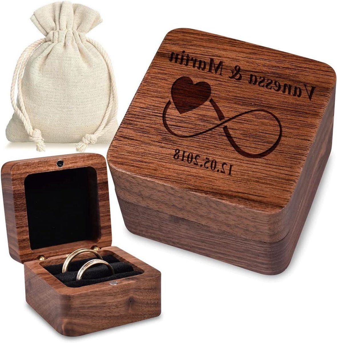 Houten Ring Doos - Juwelendoosje Ringkussen - Cadeau Huwelijk - Gepersonaliseerde Gravure - 5.5 x 5.5 x 4 cm - Walnoot