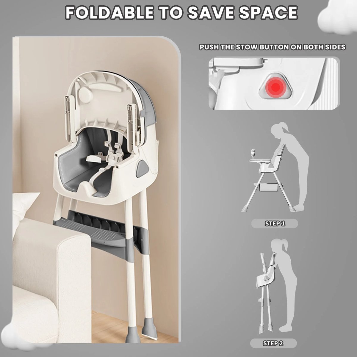 Kinderstoel - Kinderstoel inklapbaar - Baby stoel - Kinderstoel Inklapbaar – Opvouwbare Kinderstoel met Tafel & Speelgoed – 6+ Maanden – Compact & Makkelijk Schoonmaken – Grijs – foto 4