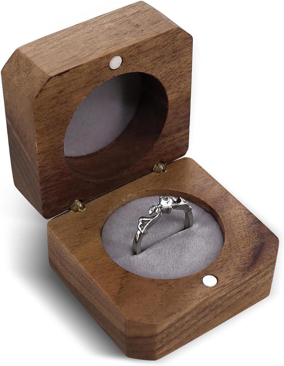 Houten Ringendoos - Bruidsschatkistje Verloving - Verrassingsaanzoek - Magnetische Sluiting - 5x5x3.2cm - Grijs