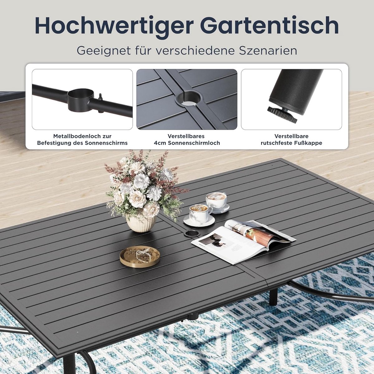 Tuinset 170x96 cm met 6 Stoelen – Rechthoekige Metalen Tuintafel met Parasolgat – Weerbestendige Tuinmeubelset voor Terras, Balkon & Tuin – Bruin/Zwart – Laura