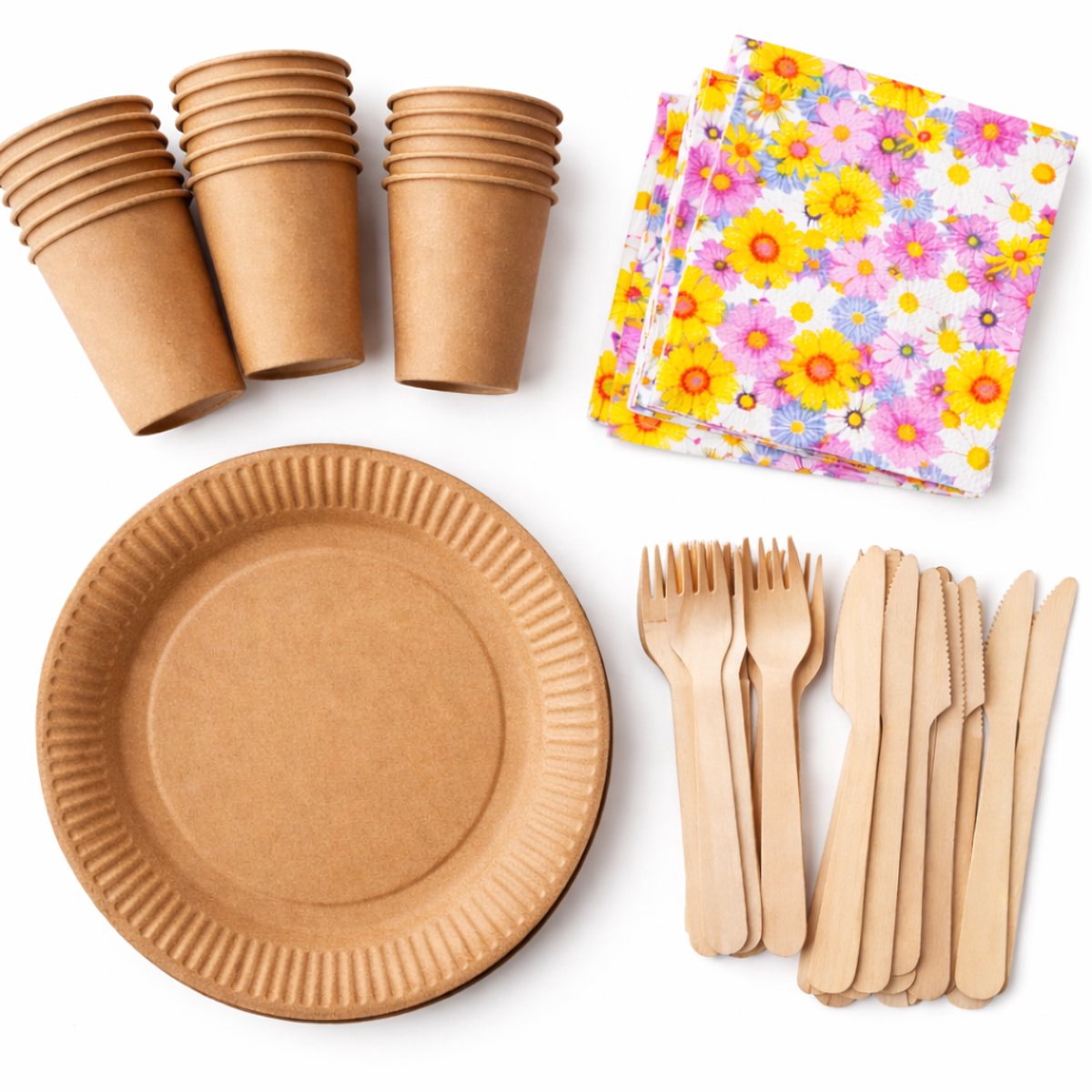 Wegwerp servies set voor 20 personen – 20 kartonnen borden 23 cm, 20 bekers 240 ml, 20 houten vorken, 20 houten messen en 20 servetten 33x33 cm Daisies mix Feest/verjaardag/BBQ/Picknick bordjes - set bio/eco/ - Duurzaam - Milieuvriendelijk
