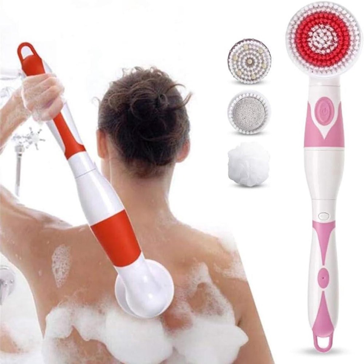 Elektrische Doucheborstel - Lichaamsborstel Massageborstel - Huid Reinigen - Vier Opzetborstels - 500 Gram - Roze