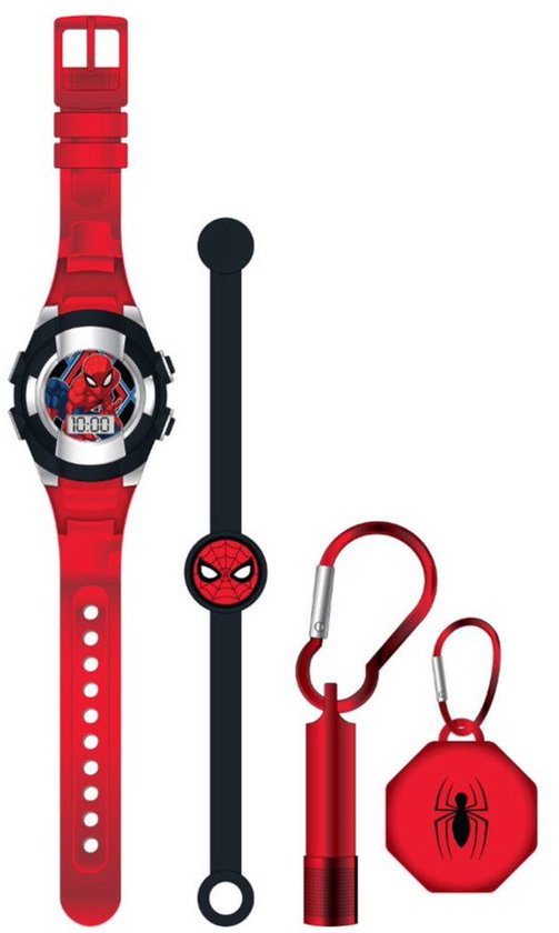 Montre Spiderman rouge avec bracelet noir, mousqueton avec étui rouge et une lampe de poche rouge.
