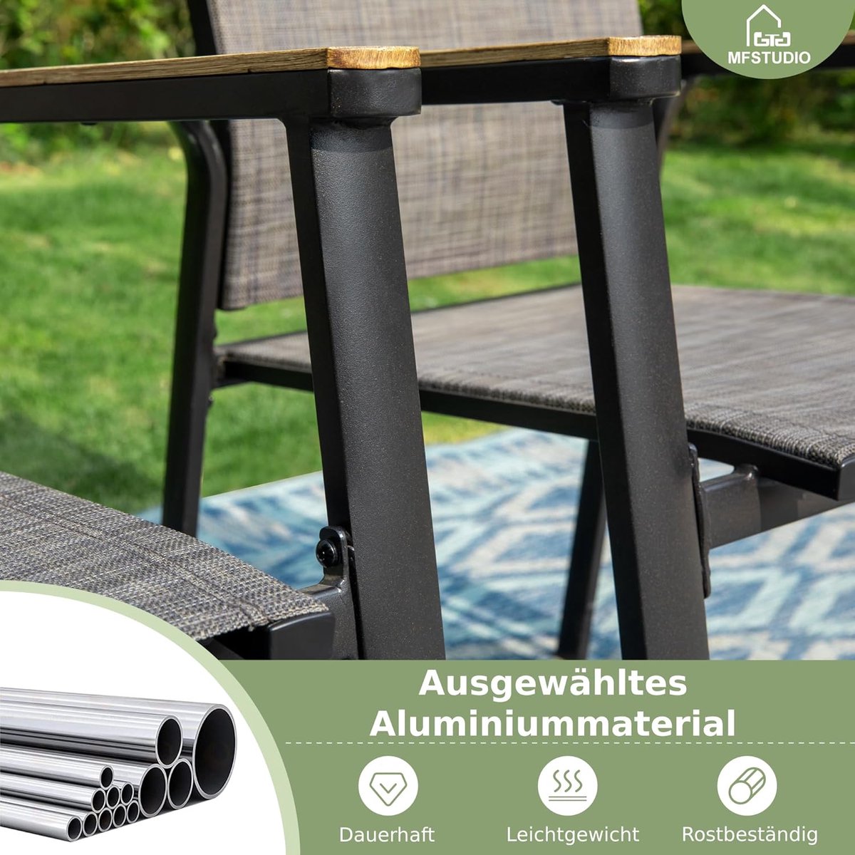 Tuinmeubelset 152x96 cm met 4 Stapelbare Stoelen en Parasolgat 4-5 cm – Weerbestendige Metalen Tuintafel Set voor Buiten, Terras & Tuin – Modern Design – Laura