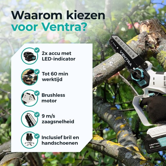 VENTRA® - Mini Kettingzaag - Heggenschaar 21V Accu - Handkettingzaag - Snoeizaag - Takkenzaag - 3000mAh - Inclusief 2 Accu's en 4 Kettingen van Ventra — afbeelding 2