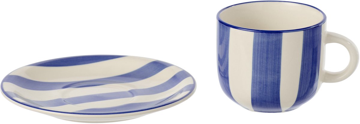J-Line kopje + schoteltje Gestreept - keramiek - blauw/wit - 6 stuks
