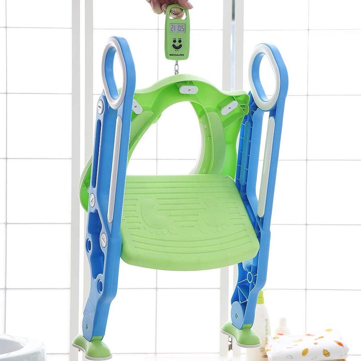 Kinder Toiletbril - Potty Training Stoel - Zelfstandig Zindelijk Maken - Opvouwbaar Met Ladder - Verstelbare Trap Hoogte - Groen Blauw