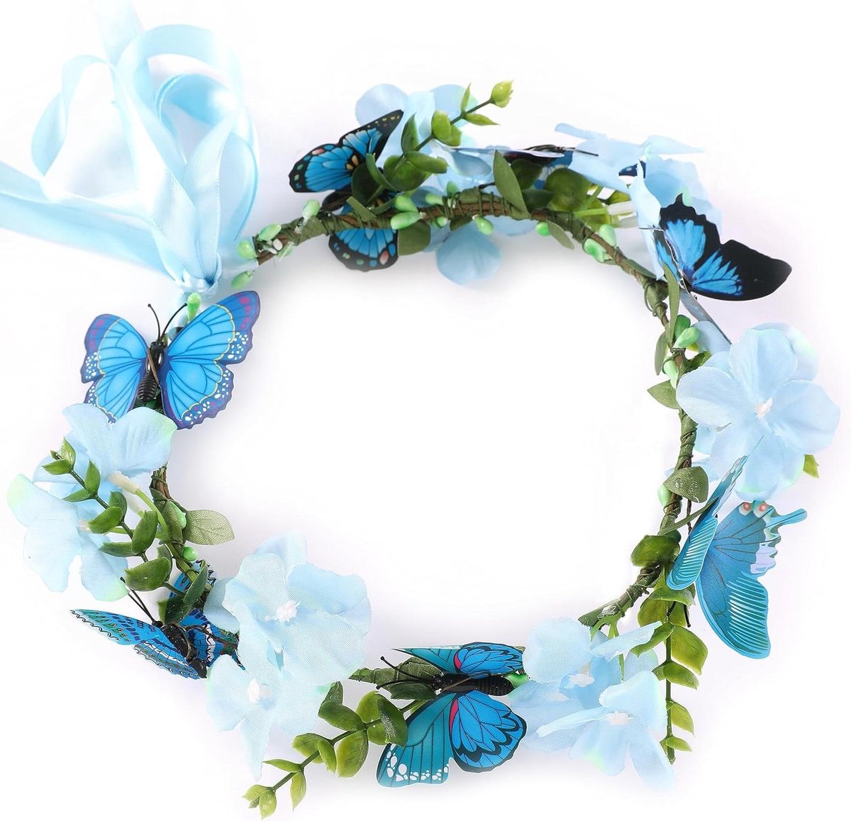 Bloemenkroon - Bloemen haarband - Feestelijke gelegenheden - Met vlinder decoratie - Verstelbaar - Blauw