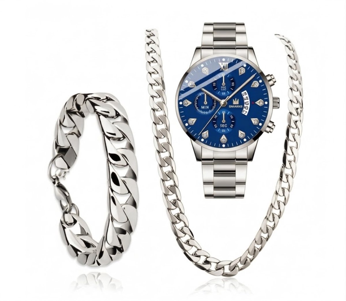 Zilverkleurig heren horloge set met blauw analoog uurwerk, schakel ketting en schakel armband - 3 delige sieraden set voor mannen